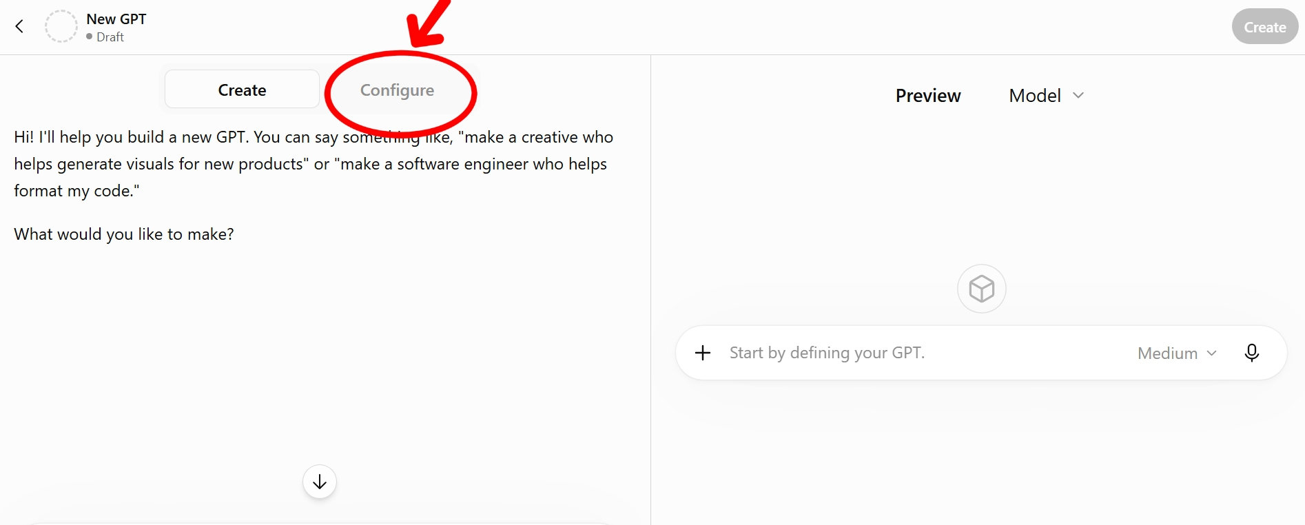 מסך העריכה, עם הלשונית Configure מסומנת